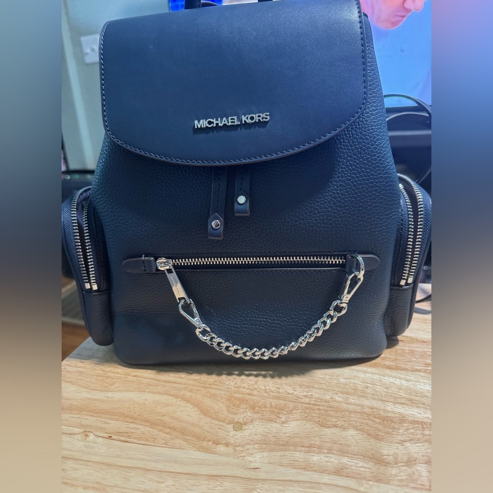 EUC - Michael Kors Navy Blue Backpack/Purse silver hardware